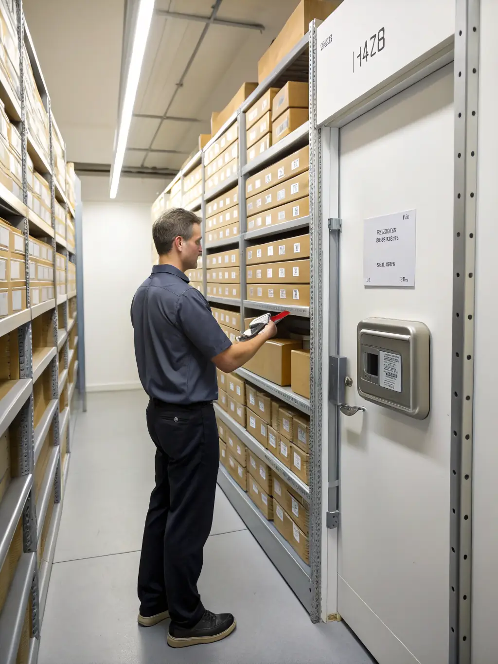 A secure storage room with neatly organized packages, with a customer accessing their stored items via a keypad entry system, representing the storage solutions.