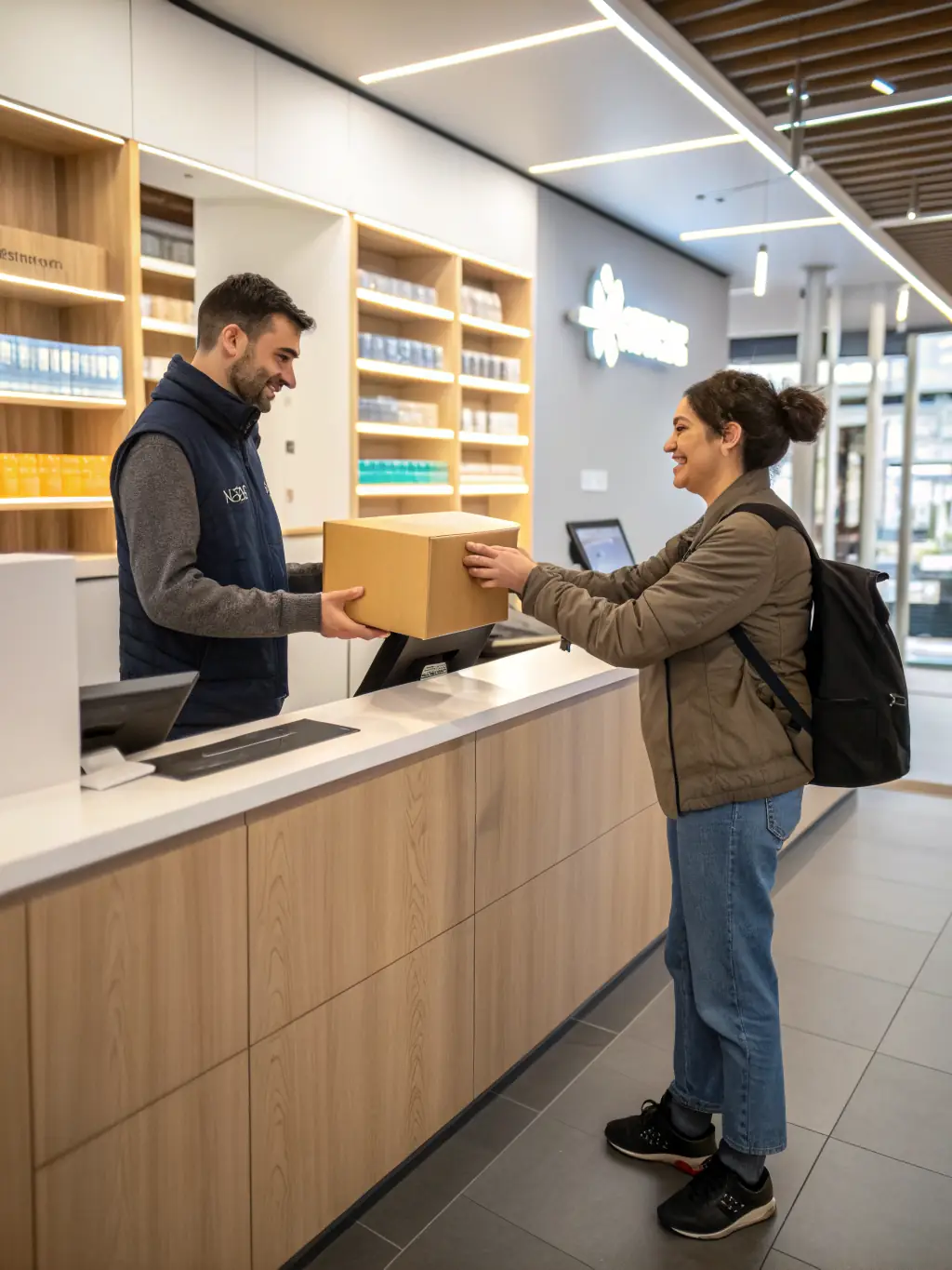 A customer handing over a package at a Mzigo Hub location with staff assisting, in a clean and organized facility, illustrating the drop-off service.