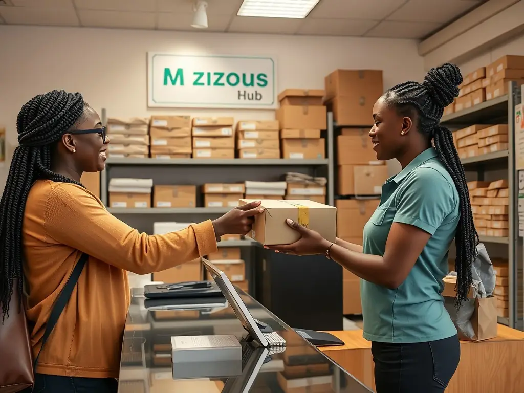 A customer dropping off a package at a clean and organized Mzigo Hub location, with a friendly staff member assisting them.