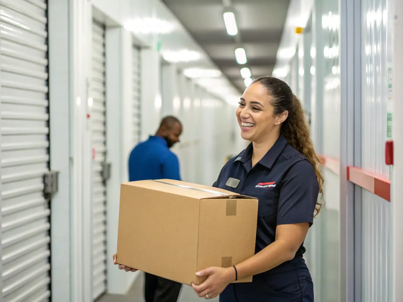 A customer smiling as they load a package into their car from a Mzigo Hub storage unit. The unit is clean and well-maintained, with easy access.