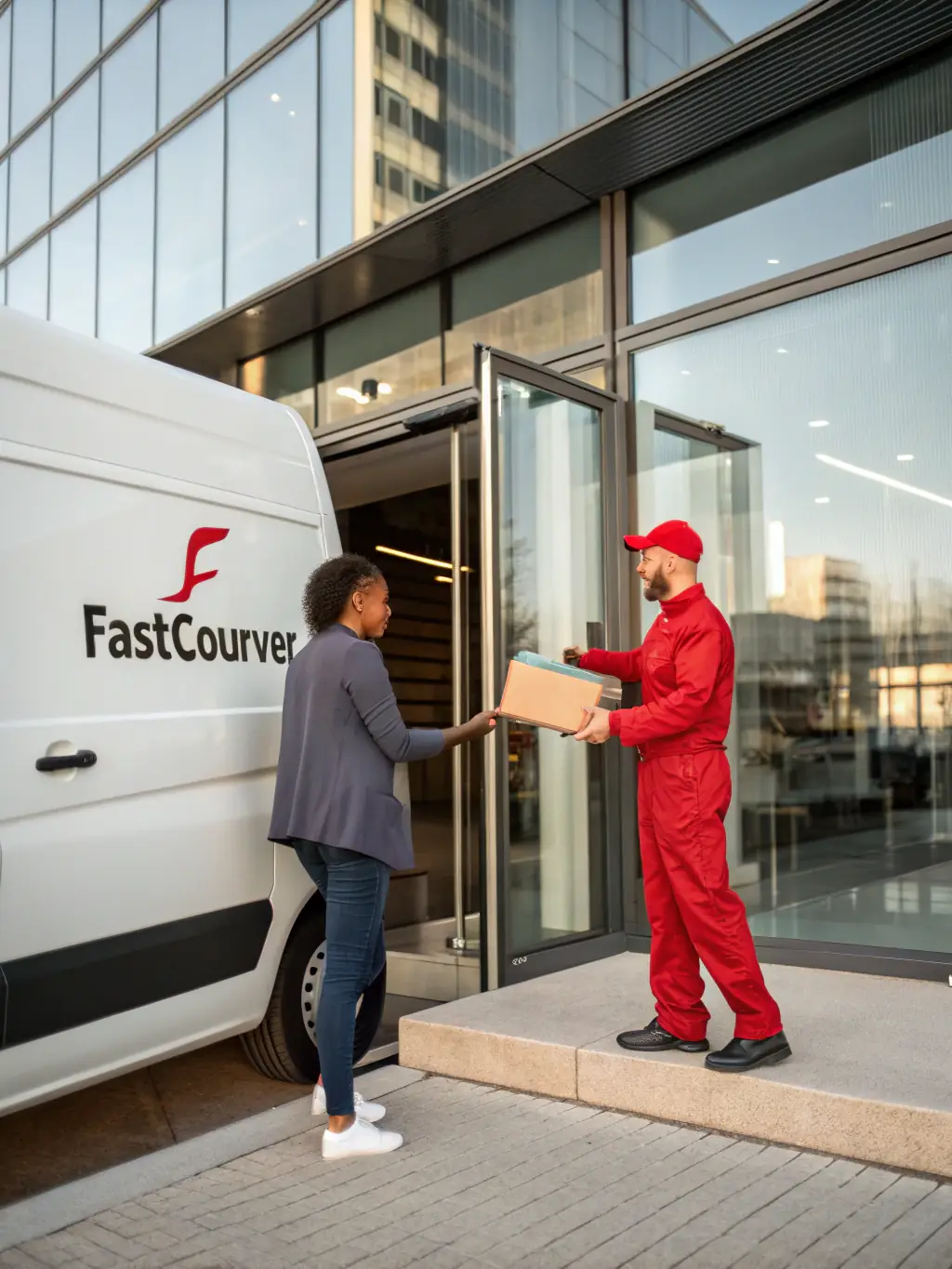A courier collecting a package from a customer at their doorstep, with a branded Mzigo Hub vehicle nearby, showcasing the parcel pickup service.