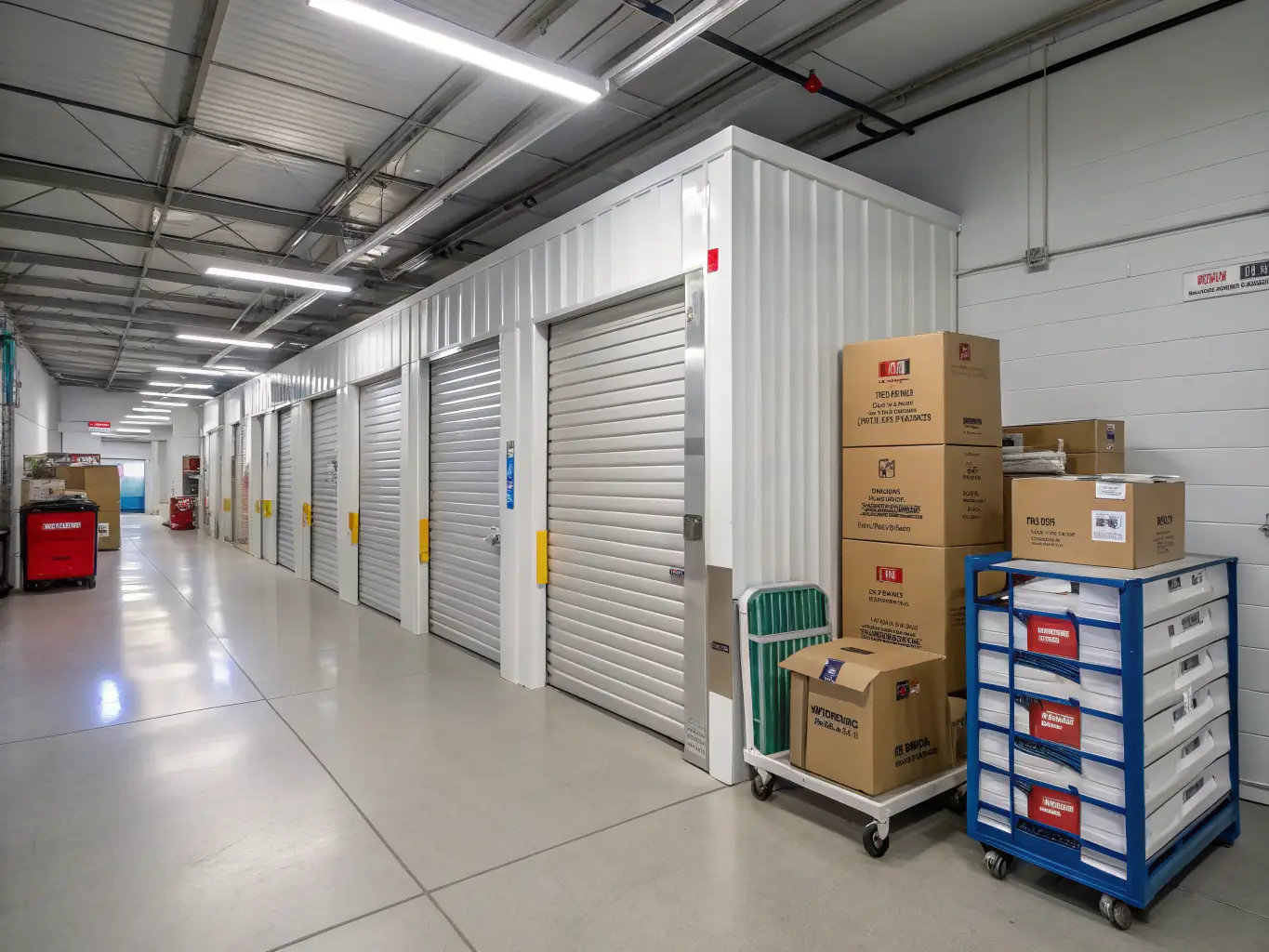 A brightly lit, secure storage room at Mzigo Hub, showcasing various sized packages neatly arranged on shelves. A customer is using a keypad to access their storage unit.
