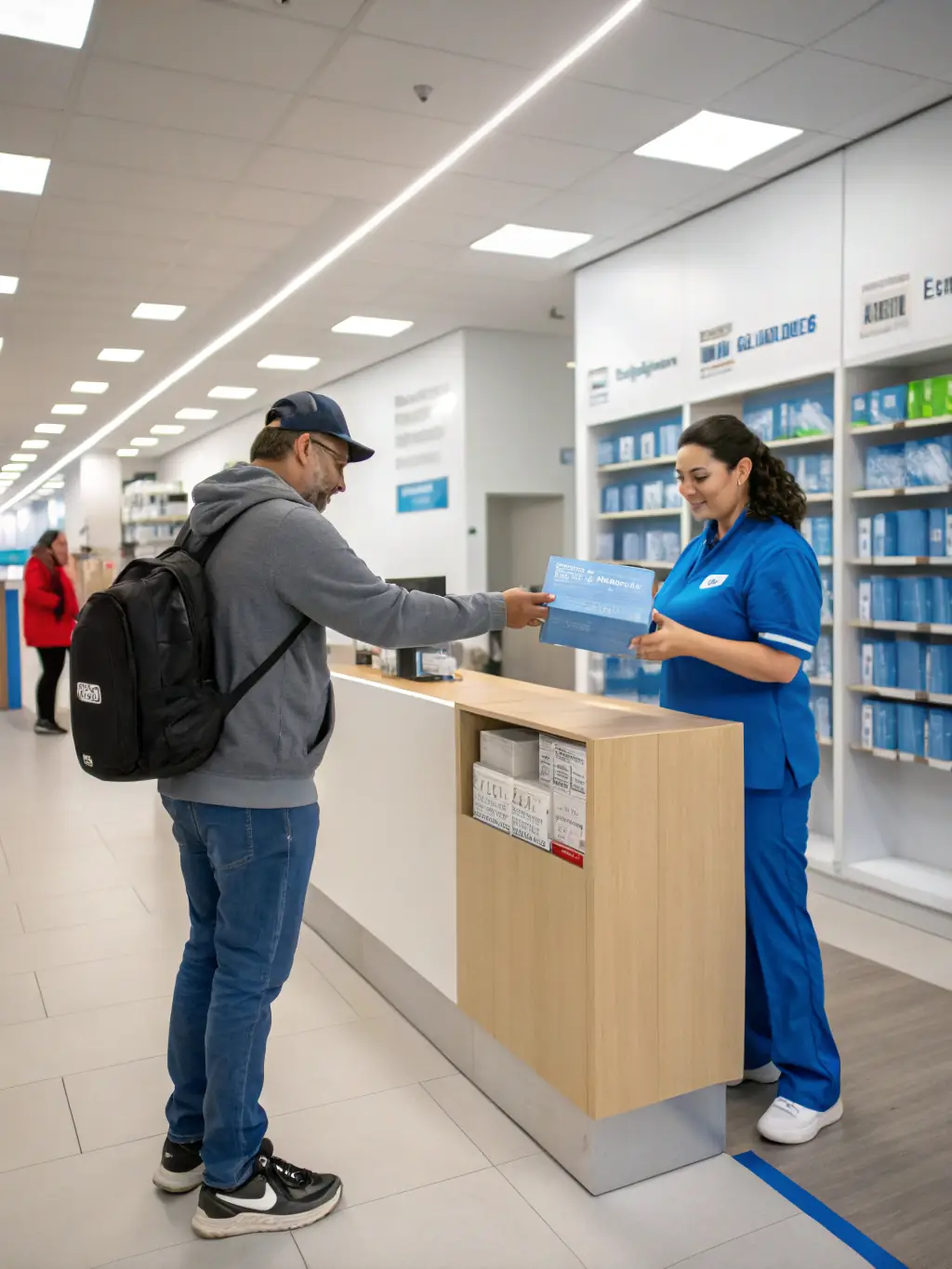 A customer is seen dropping off a package at a clean and well-lit Mzigo Hub location, with a helpful staff member assisting them.